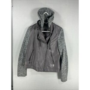 Joujou Gray Faux  Purple Leather Jacket‎ with Knit Sleeves and Removable Hood L